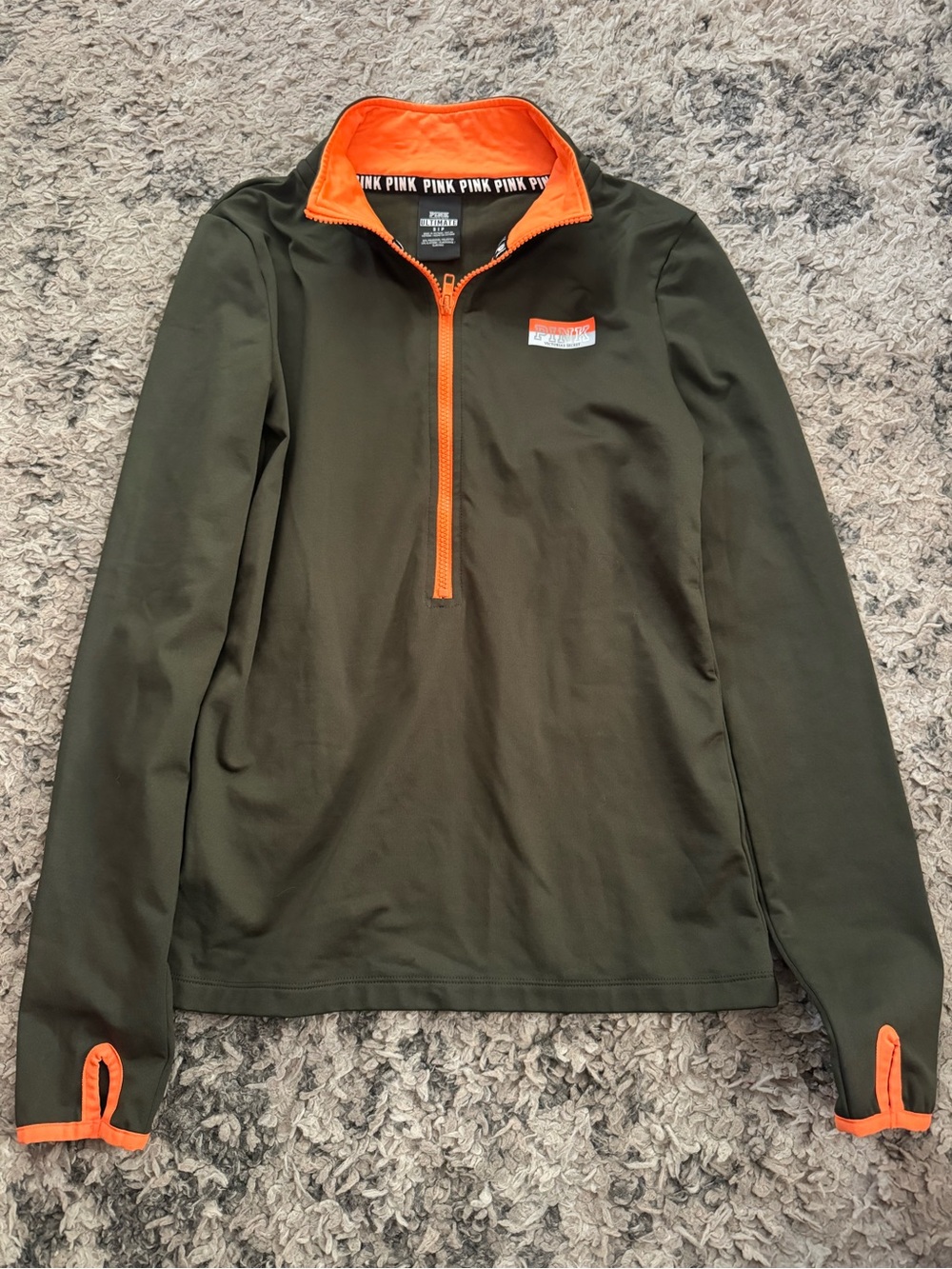 Victoria's Secret PINK Olive Green Pullover with Bright Orange Accent